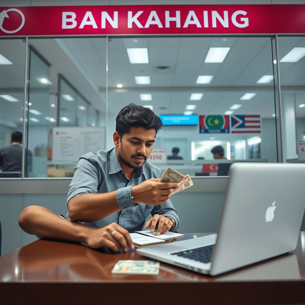 A professional stock photo depicting a freelancer in Bangladesh engaging in a currency exchange transaction at a bank, with foreign currency and a laptop visible on the table.
