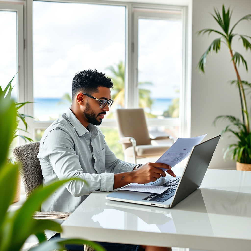 A professional stock photo of a digital nomad reviewing documents on a laptop in a bright, airy office with a tropical view, symbolizing the fast-track process for establishing tax residency in Barbados.