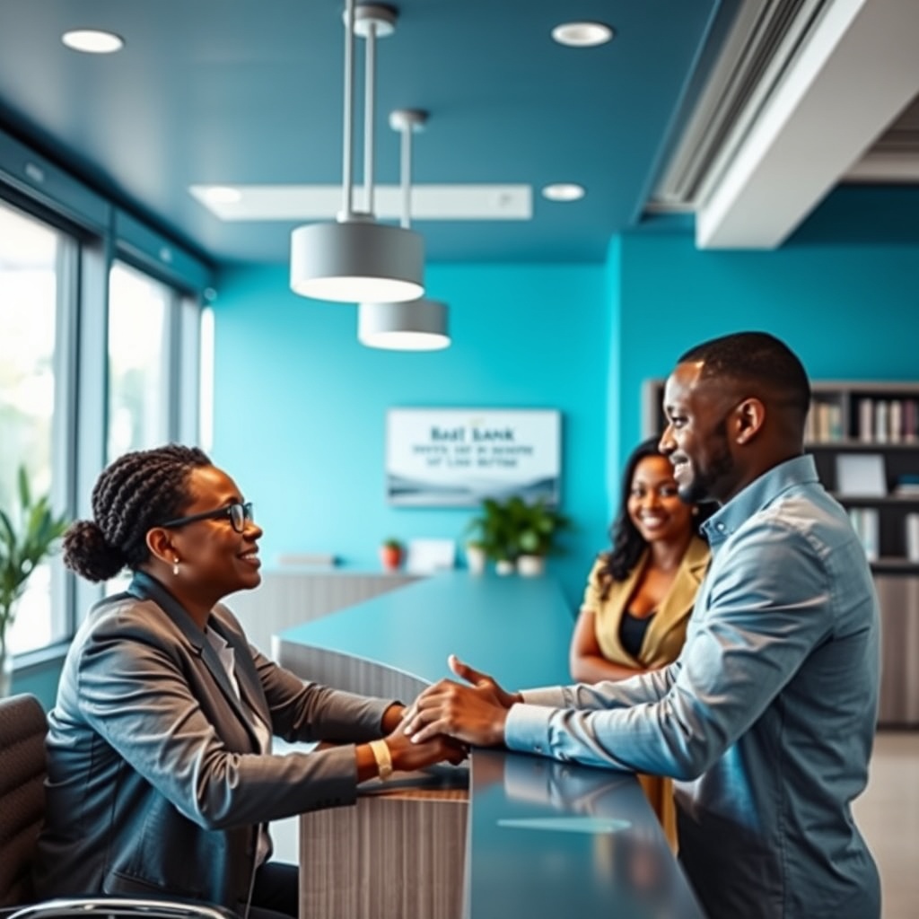 A high-quality stock image of a modern bank interior in Barbados, with a friendly banker assisting a diverse client, highlighting the ease of opening accounts for crypto expats.