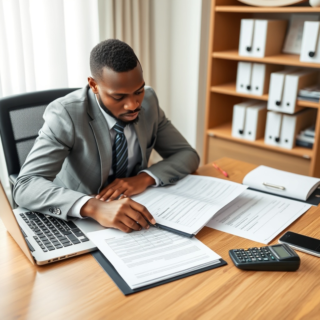 A professional accountant reviewing tax documents with a laptop and calculator on a desk, symbolizing income tax obligations for freelancers in Barbados.