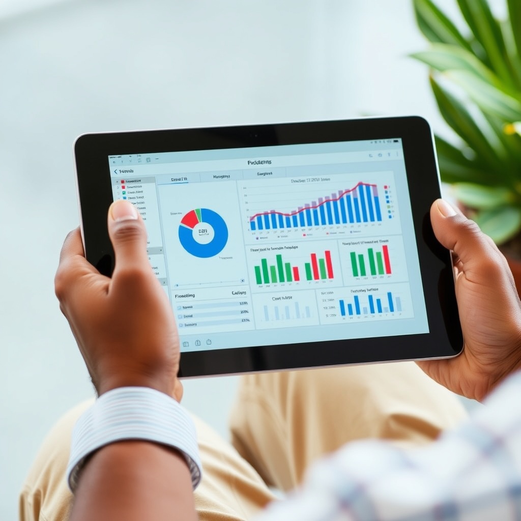 A freelancer analyzing financial charts and budgeting plans on a digital tablet, representing effective financial management and cash flow strategies in Barbados.