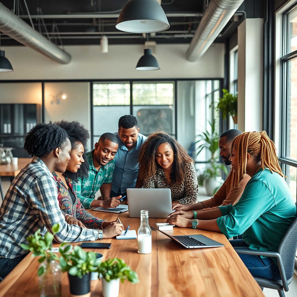A diverse team of freelancers collaborating on a project in a modern co-working space, illustrating the scaling of a freelance business in Barbados.