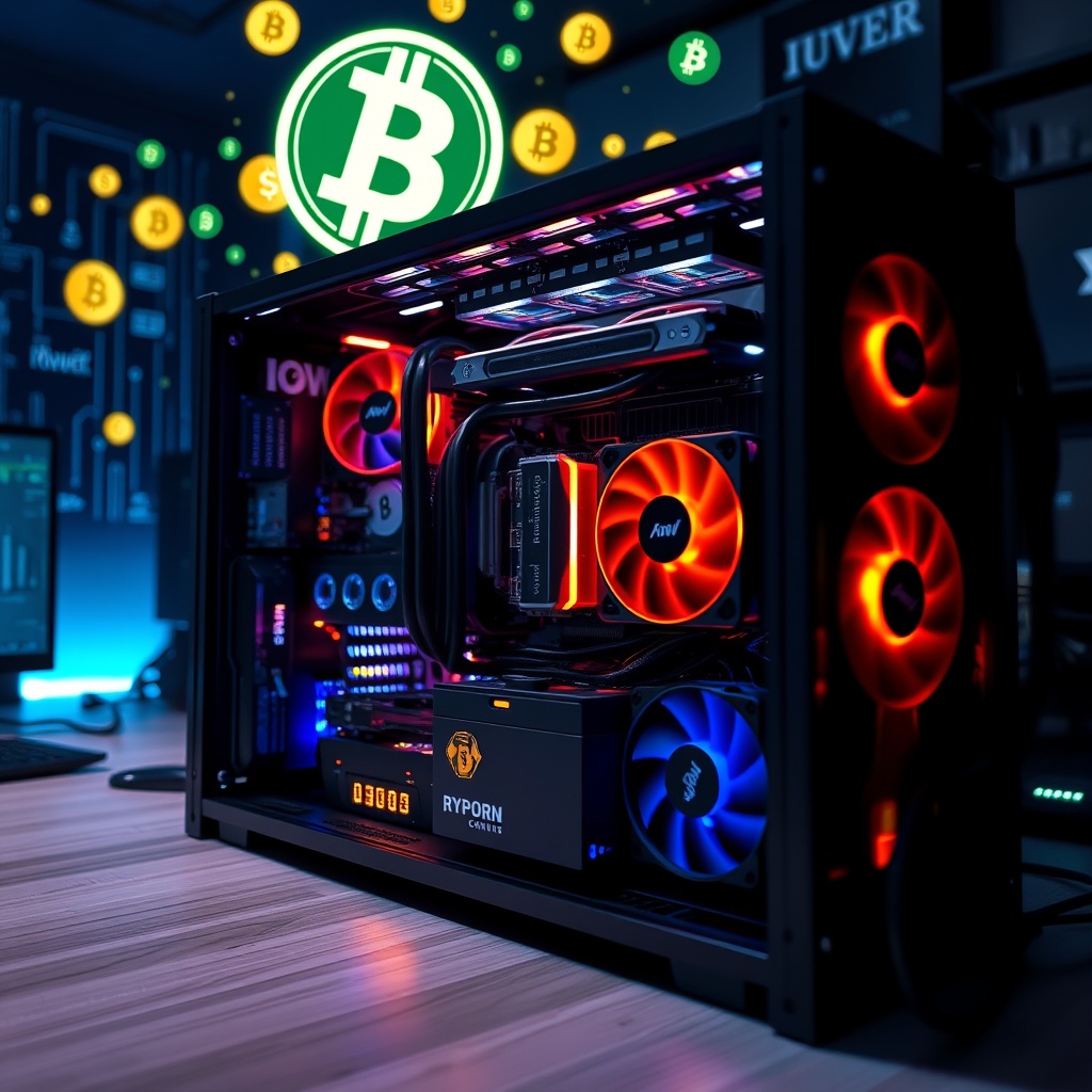 Professional stock photo of cryptocurrency mining rig with glowing graphics cards and cooling system, digital currency symbols floating in background, modern tech workspace environment