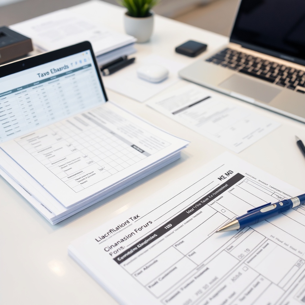 Professional stock photo of organized financial documents and tax forms on desk with laptop showing spreadsheet, calendar with deadline dates highlighted, clean office setting