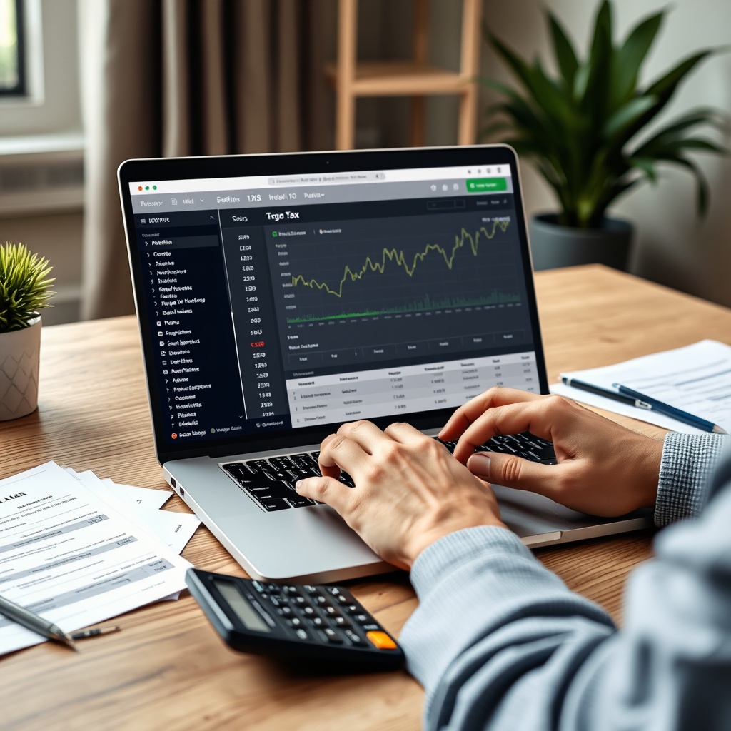 Professional stock photo of person using tax software on laptop with crypto wallet interface visible, calculator and documents nearby, modern home office setup