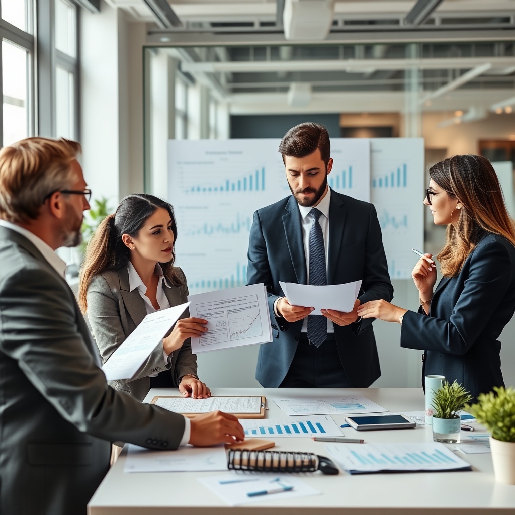 A professional business team analyzing financial charts and discussing strategies in a modern office setting, symbolizing preparation for VAT changes.