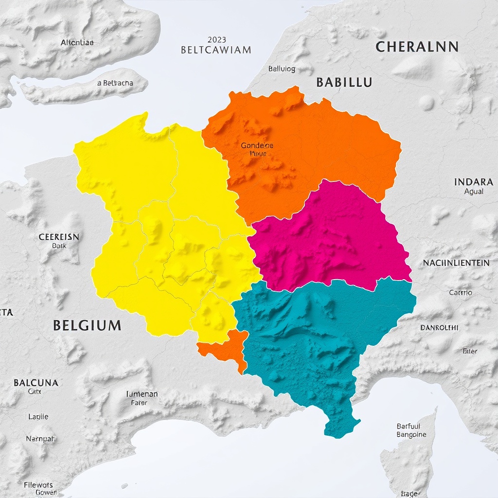 Map of Belgium highlighting three regions with different colored overlays, professional geographic representation