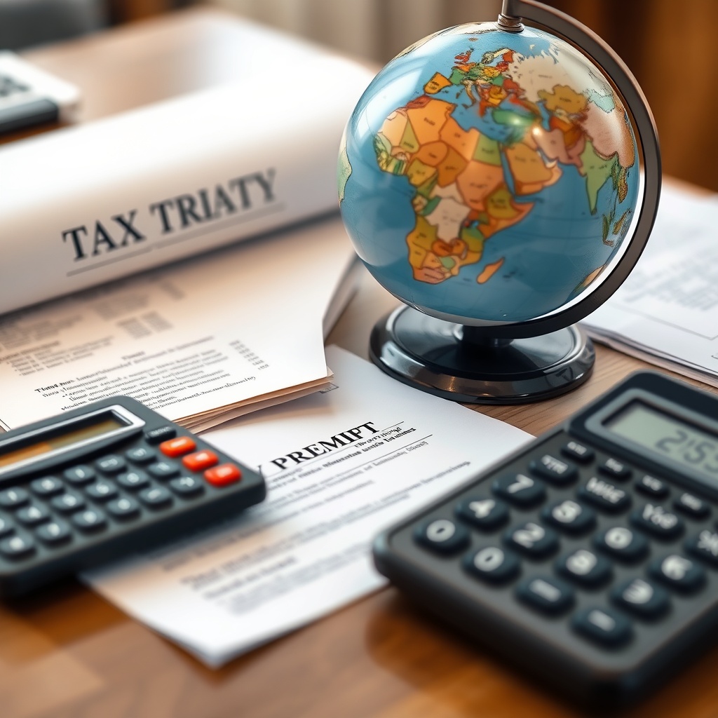 Close-up of tax treaty documents and international agreements on desk with globe and calculator