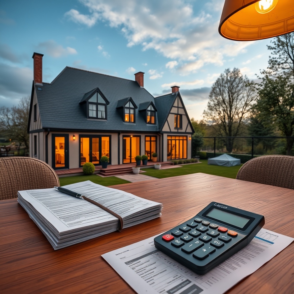 Luxury Belgian real estate property with professional tax documents and calculator on table