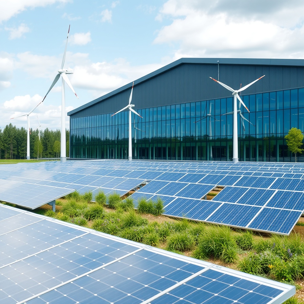 Modern sustainable technology facility with solar panels and wind turbines, showcasing green tech investment and environmental tax incentives in Finland
