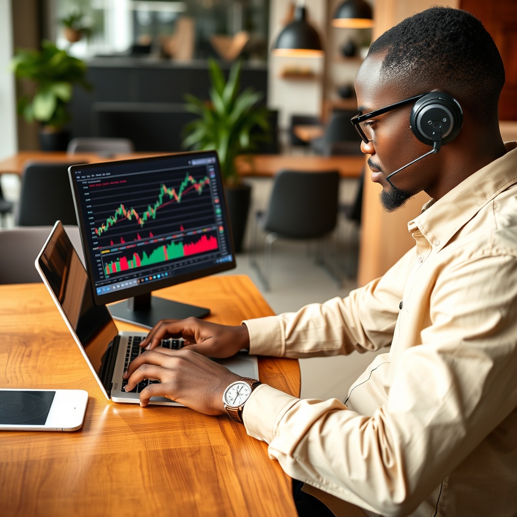 Professional stock photo of a digital nomad analyzing cryptocurrency trading charts on a laptop while working from a modern co-working space in Ghana
