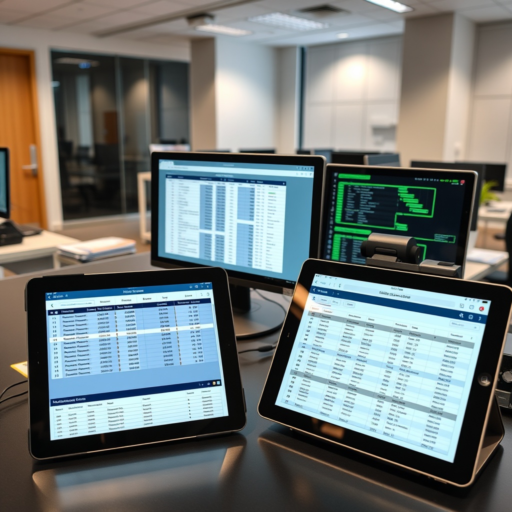 Professional stock photo of organized digital documentation and record-keeping systems with tablets and computers showing crypto transaction logs in a clean office environment
