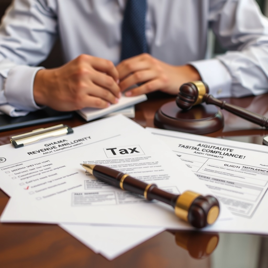 Professional stock photo depicting tax compliance and enforcement concepts with Ghana Revenue Authority documents, audit checklists, and legal compliance materials in a professional setting