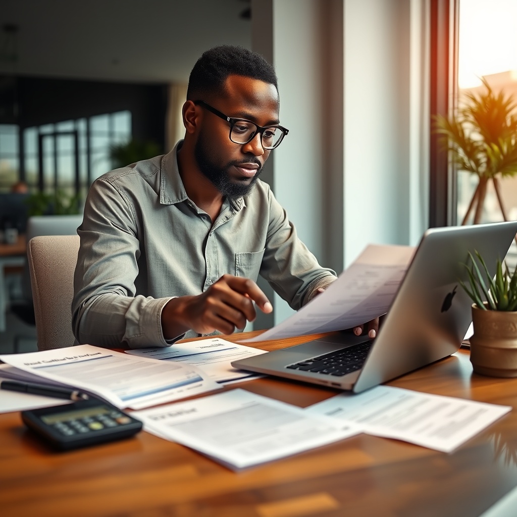 Professional stock photo of a Ghanaian freelancer reviewing tax documents on a laptop, with calculator and financial papers on desk, modern office background
