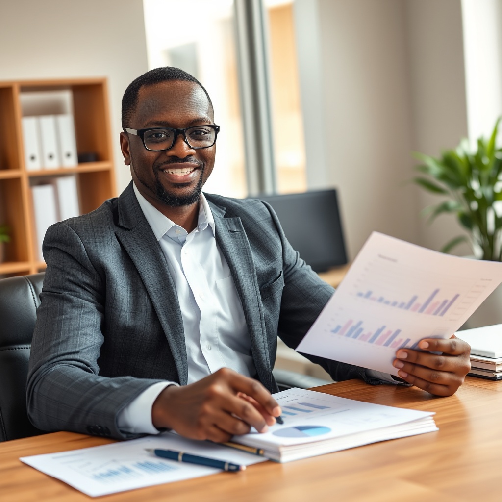 Professional stock photo of a Ghanaian professional planning retirement with pension documents and financial charts, warm office setting with natural light