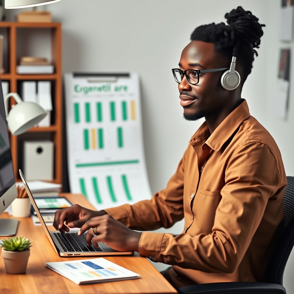 Professional stock photo of a Ghanaian freelancer managing cash flow with budgeting tools and calendar, organized workspace with financial planning materials
