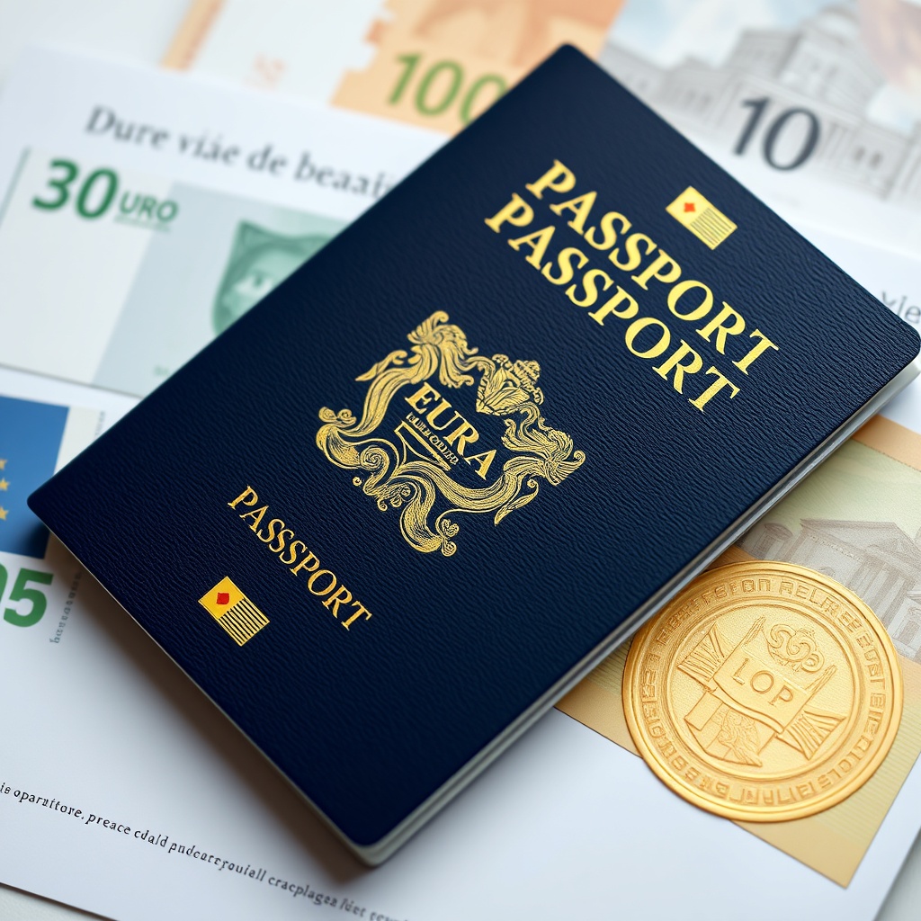 Professional stock photo of a modern Greek passport with a golden visa stamp, placed on a background of euro currency and real estate documents, with soft lighting and a clean, elegant composition