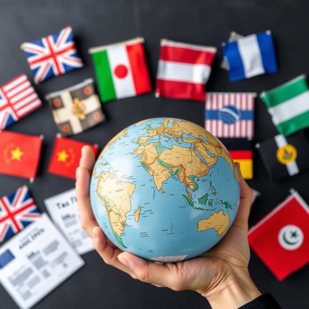 Professional stock photo of a hand holding a globe with Greece highlighted, surrounded by international flags and tax treaty documents, symbolizing global taxation agreements and cross-border financial planning