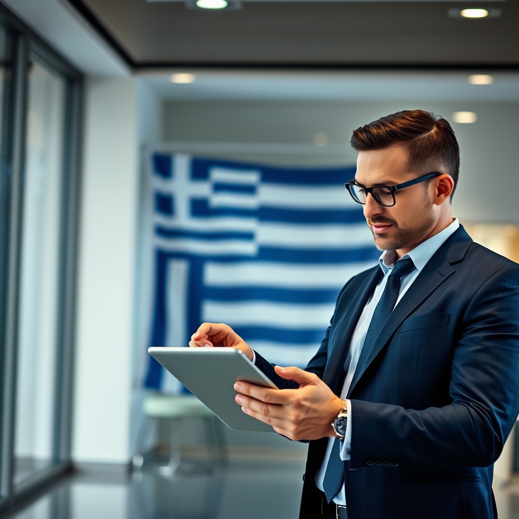 Professional businessperson reviewing digital banking options on tablet in modern office setting with Greek flag visible in background