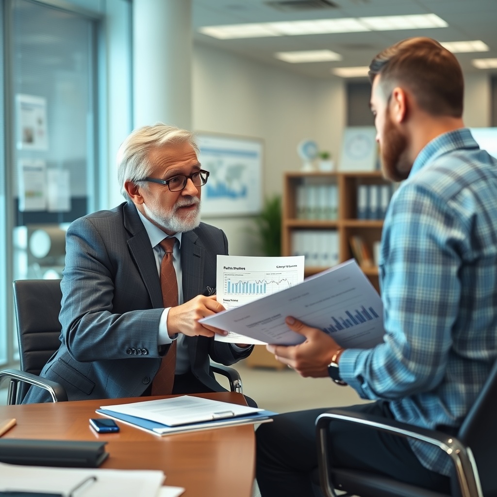 Financial advisor discussing retirement planning with client, showing pension documents and investment charts in professional office environment