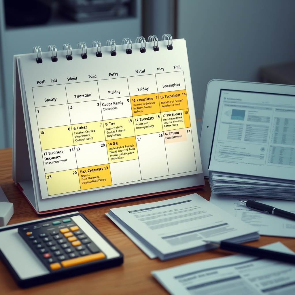 Business calendar with important tax deadlines highlighted, alongside organized financial documents and digital compliance tools on desk