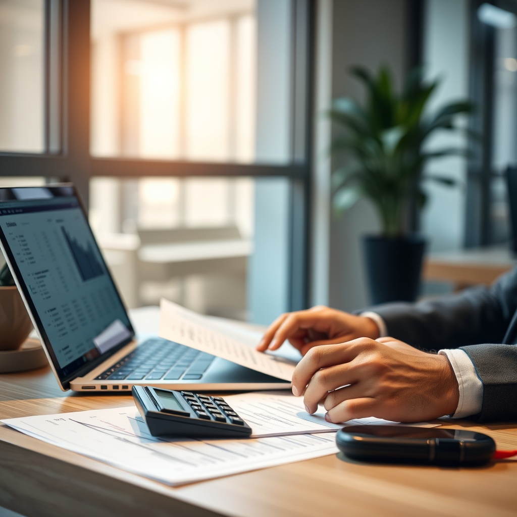 Professional stock photo of a modern office worker reviewing financial documents on a laptop, with calculator and paperwork visible, representing social security contributions and obligations for remote workers in Greece