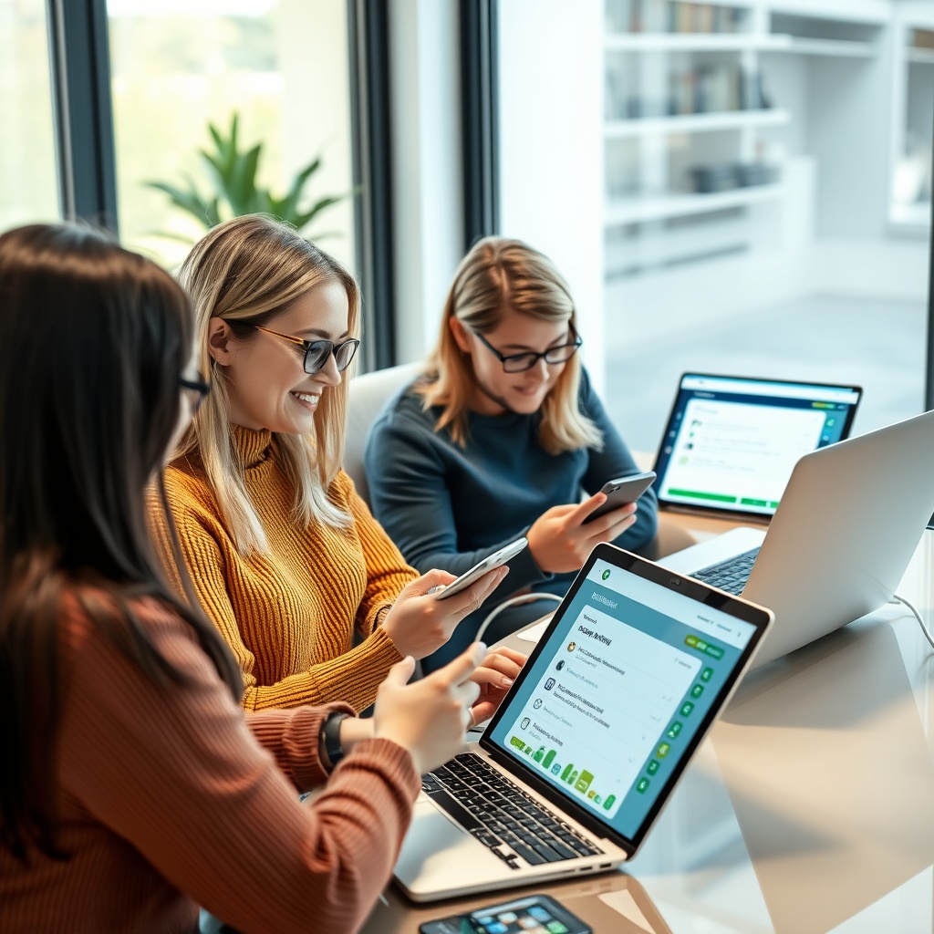 Professional stock photo of diverse Finnish consumers shopping online on laptops and mobile devices, showing digital payment interfaces with BNPL options visible, modern home or office setting, natural lighting, clean composition