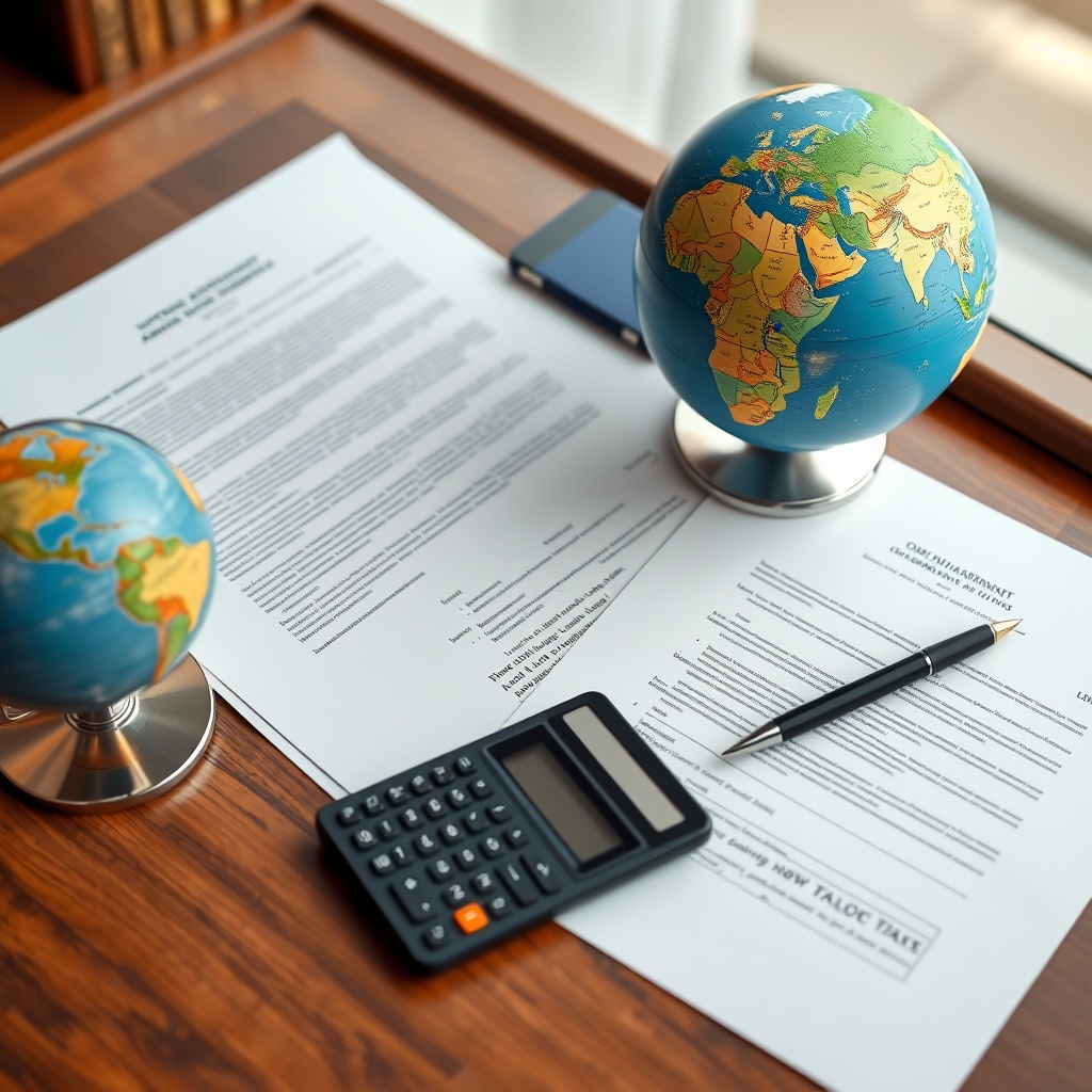 Stock photo showing international documents and agreements on a desk with a globe and calculator, symbolizing double taxation avoidance agreements and global tax considerations