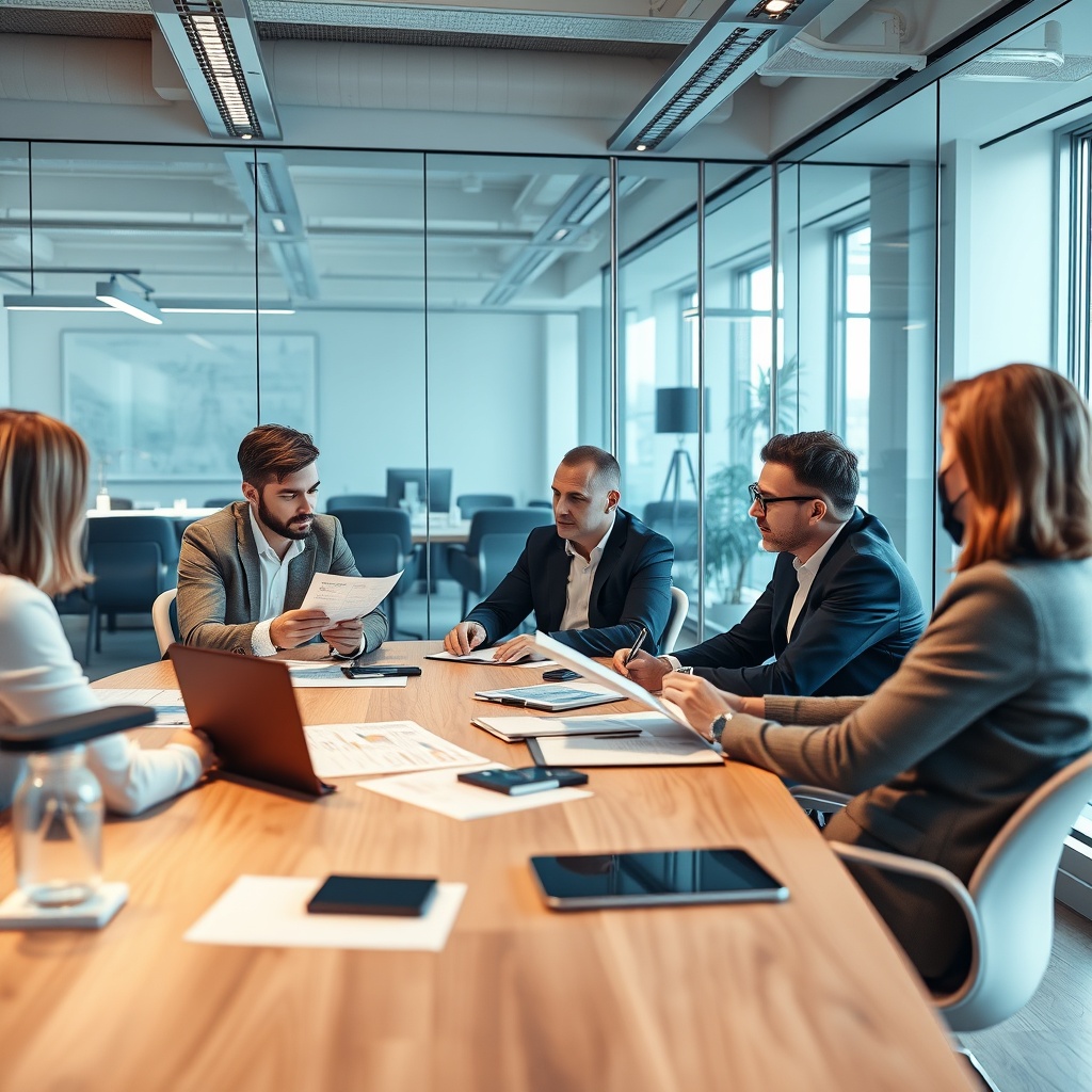 Professional stock photo of venture capital meeting in Helsinki office, investors reviewing financial documents and startup pitch decks, modern Scandinavian interior design with technology elements visible