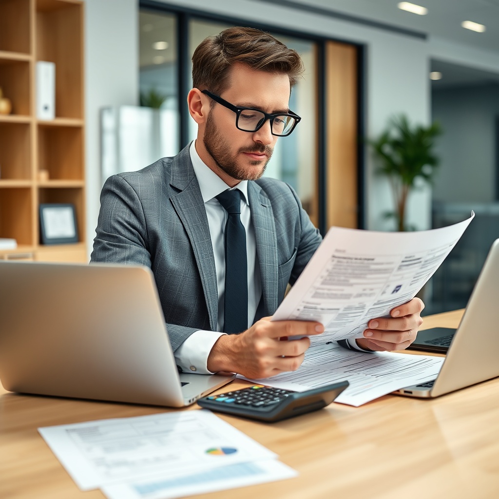 Professional business executive reviewing financial documents and tax forms at a modern office desk with laptop and calculator