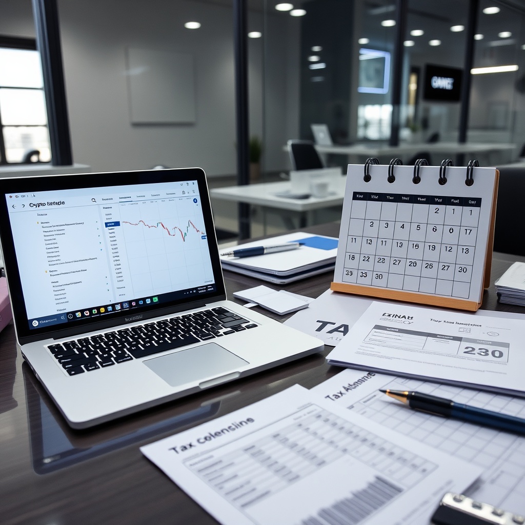Professional stock photo of a modern office setup with a laptop showing cryptocurrency exchange interface, documents organized neatly, and a calendar highlighting tax deadlines, representing cross-border tax compliance