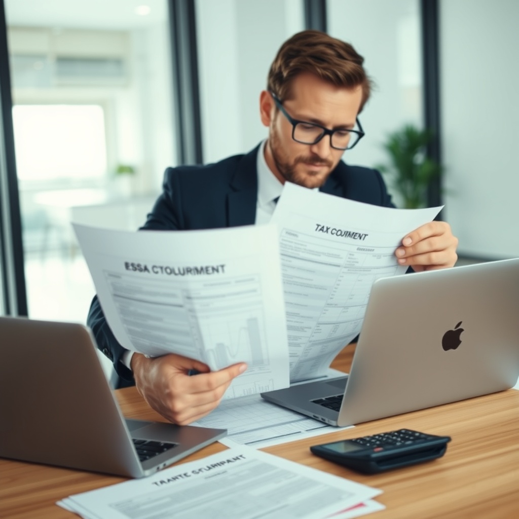 Professional businessperson reviewing cryptocurrency tax documents with laptop and calculator on modern office desk, French tax forms visible