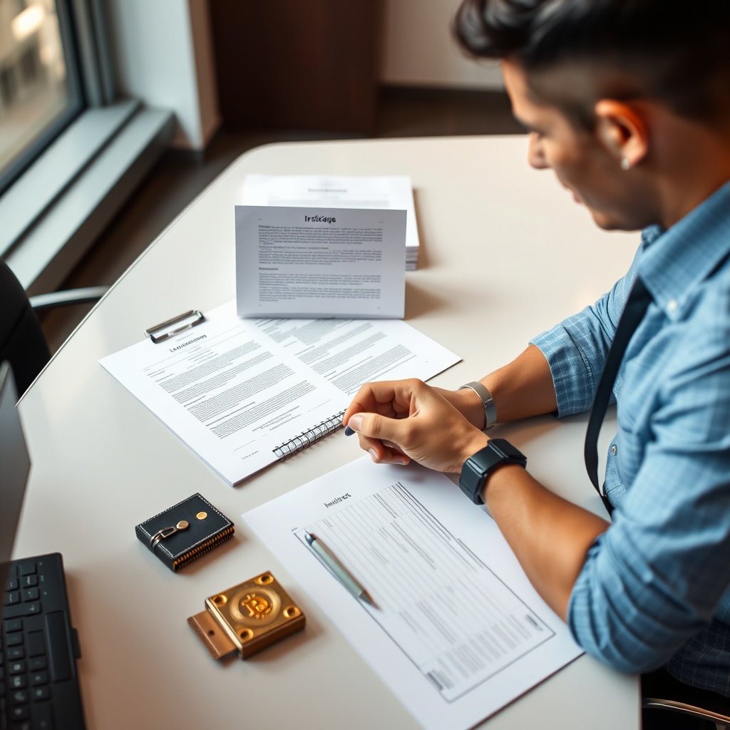 Entrepreneur setting up business structure with legal documents and cryptocurrency wallet on sleek office table, professional business environment