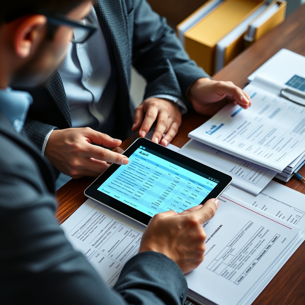 Tax professional preparing audit documentation with organized files and digital tablet showing crypto transaction records, compliance-focused setting
