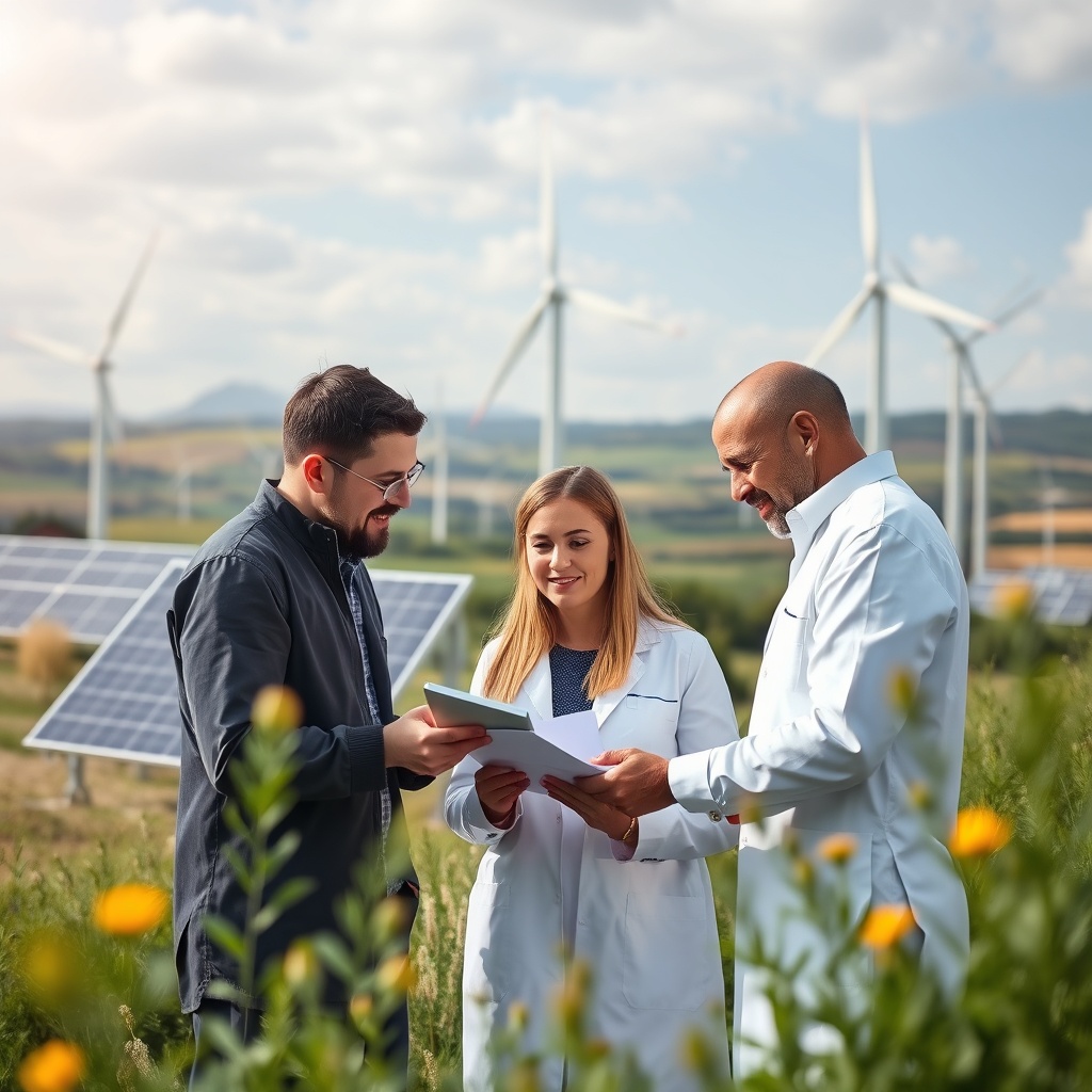 Professional stock photo of renewable energy innovation with solar panels and wind turbines against French landscape, researchers analyzing clean technology data in modern laboratory
