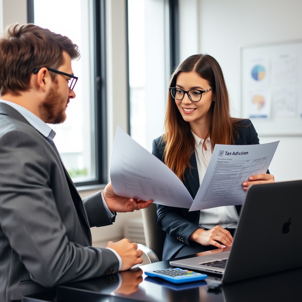 Professional stock photo of a French tax advisor explaining income declaration documents to a freelancer in a modern office setting with laptop and calculator