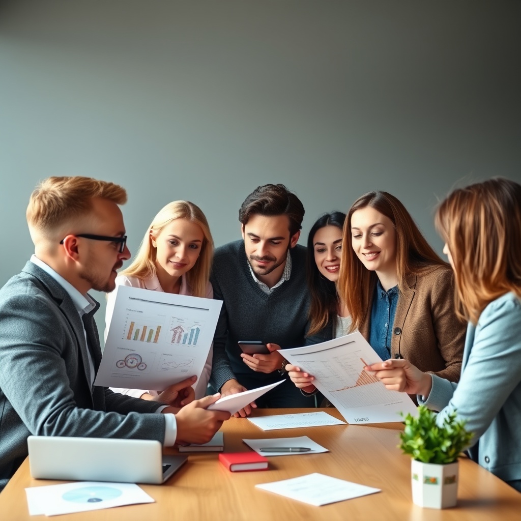 Professional stock photo of a diverse group of French freelancers discussing retirement planning with financial documents and pension scheme illustrations