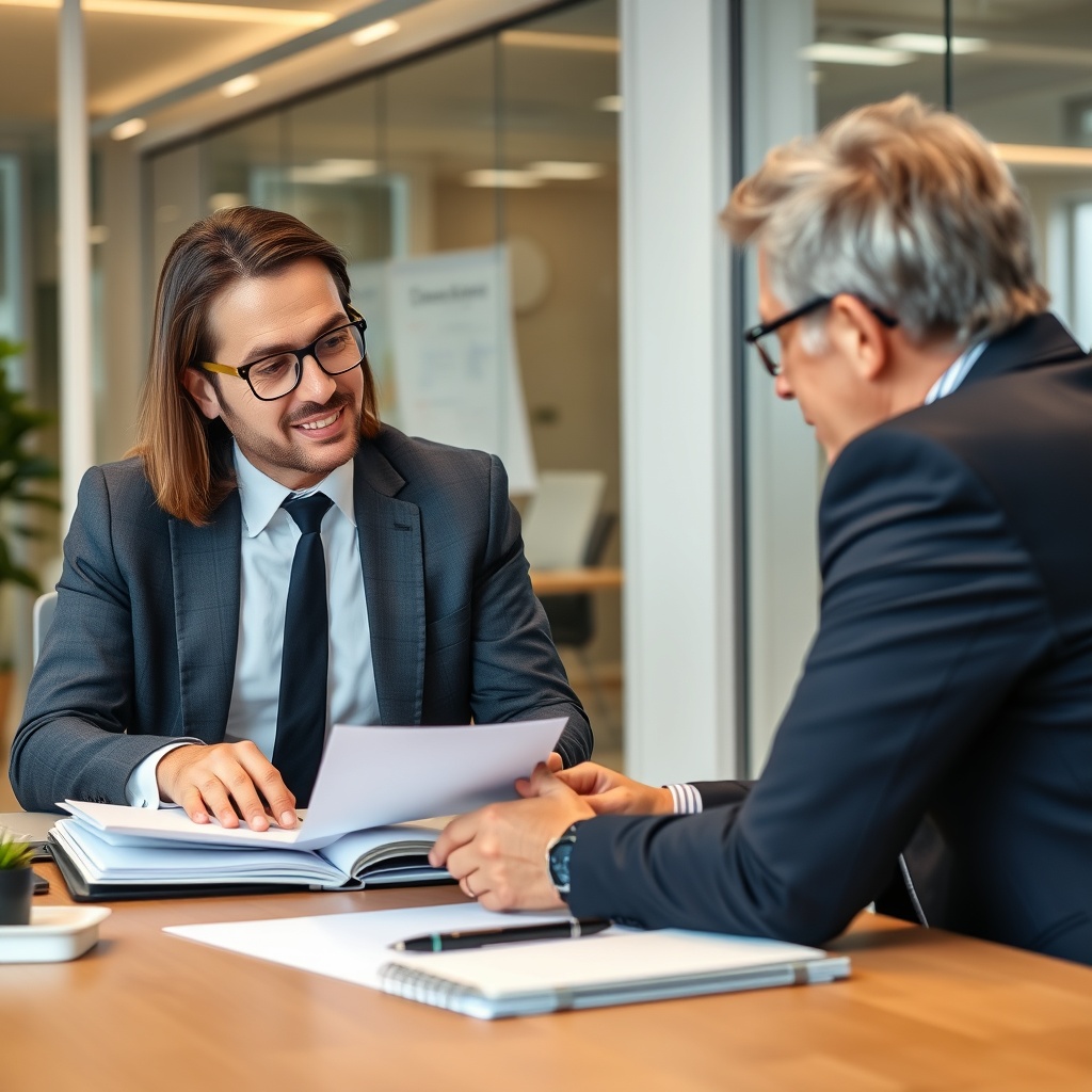 Professional stock photo of a French business consultant reviewing compliance documents and audit procedures with a client in a professional office environment