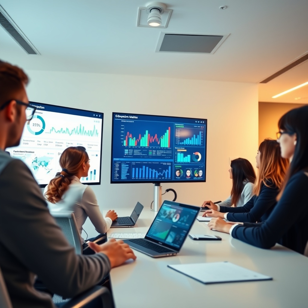 Professional stock photo of a diverse team analyzing digital risk assessment dashboards on large monitors in a modern European insurance office, showing data visualization and AI analytics