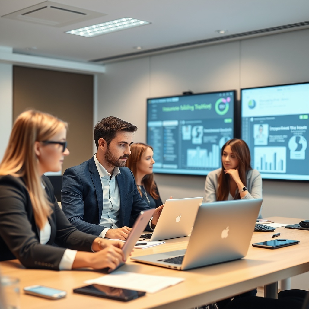 Professional stock photo of insurance professionals participating in digital skills training workshop with laptops and interactive displays in a modern European corporate training room