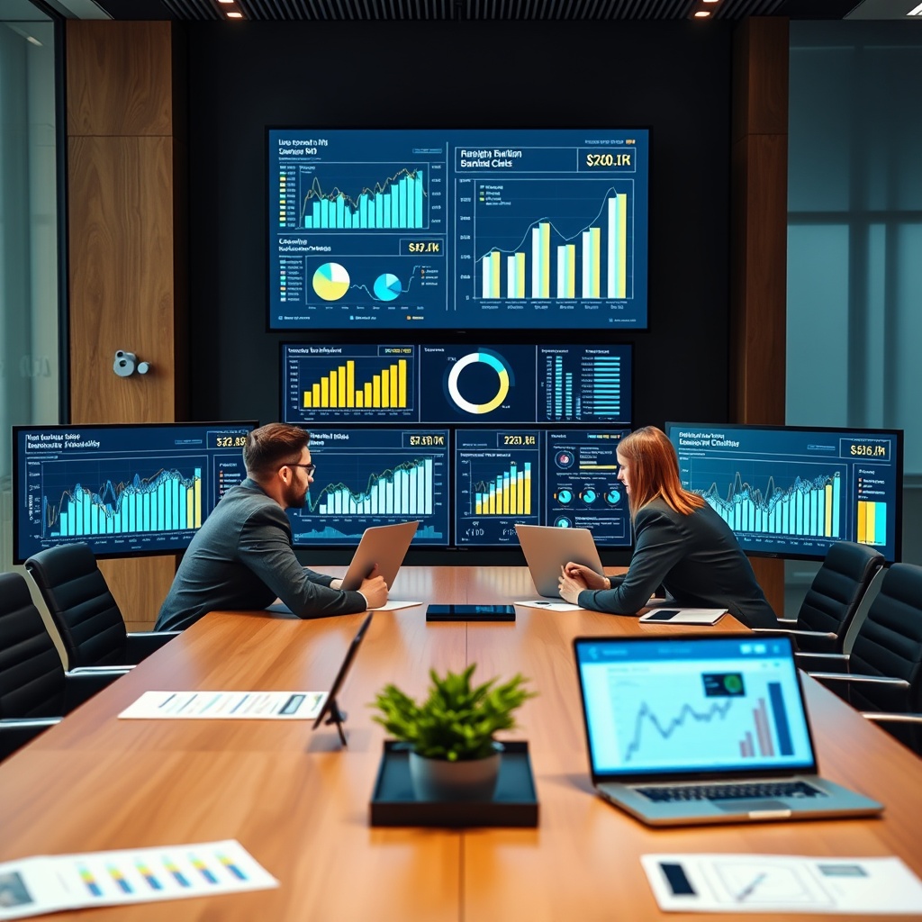 Professional stock photo of financial analysts reviewing digital investment ROI charts and metrics on multiple screens in a contemporary European insurance company boardroom