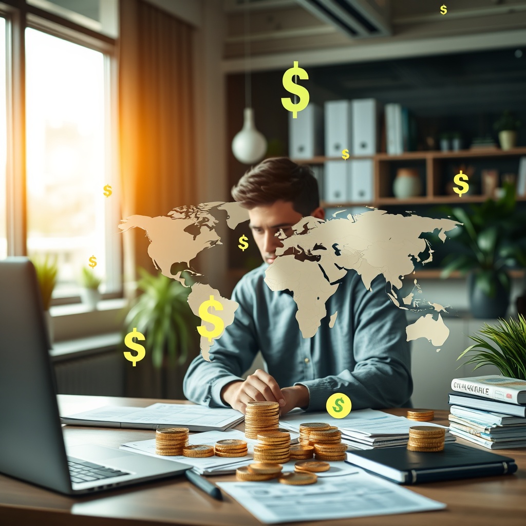 Professional stock photo of a freelancer working on international projects with multiple currency symbols and global financial documents, modern workspace