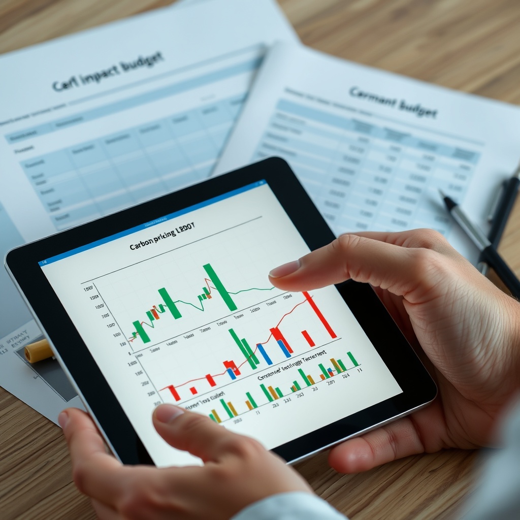 A professional stock photo showing a financial analyst reviewing carbon pricing revenue charts on a digital tablet, with German federal budget documents in the background, symbolizing fiscal impact analysis of climate policies.