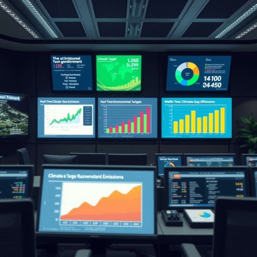 A professional stock photo depicting a modern control room with multiple screens displaying real-time greenhouse gas emission data and climate target progress charts, representing environmental monitoring and effectiveness measurement.