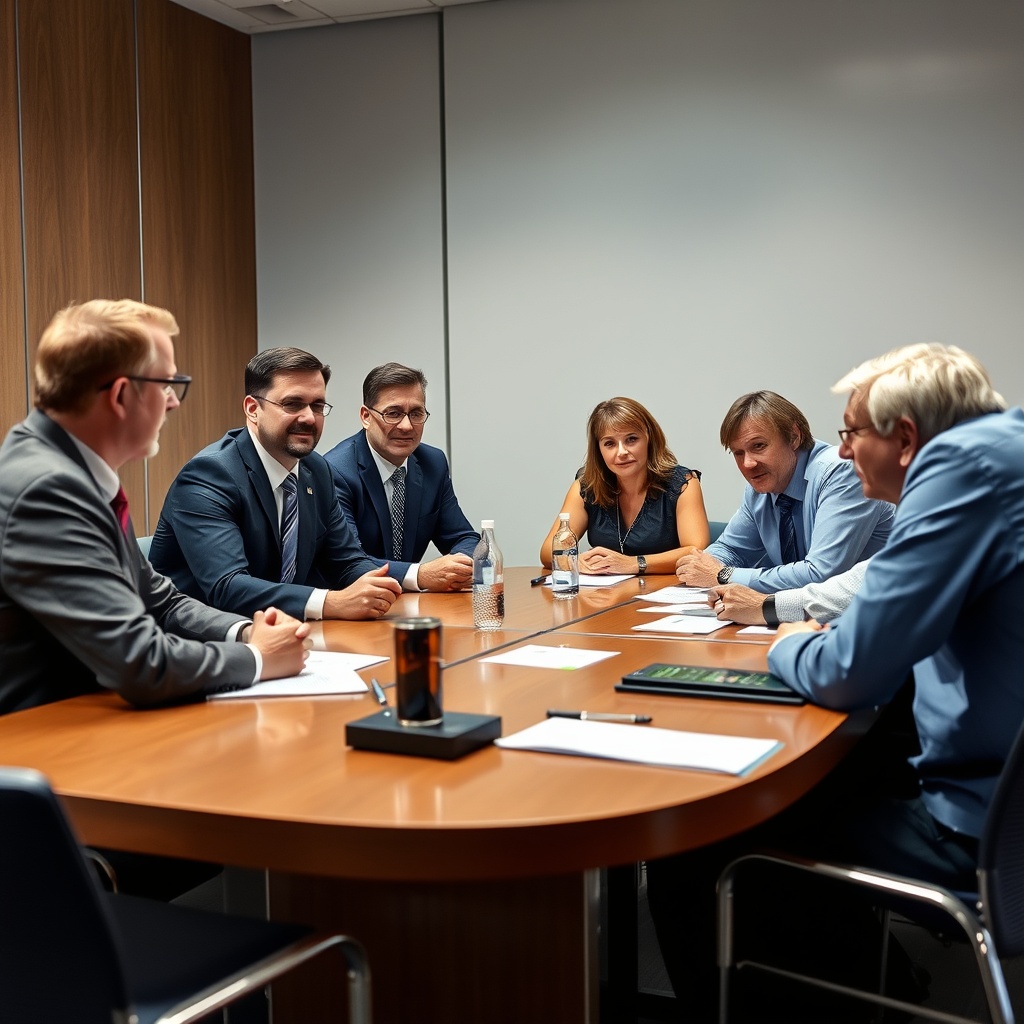 A professional stock photo showing diverse stakeholders including industry representatives, government officials, and community members engaged in collaborative discussion around a conference table, representing public acceptance and political support building.