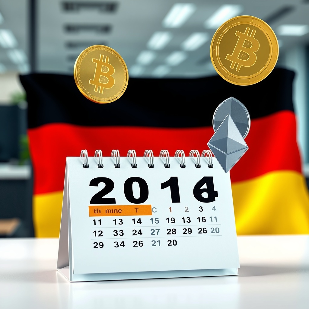 Professional stock photo of a calendar with one year highlighted, German flag in background, cryptocurrency symbols like Bitcoin and Ethereum floating nearby, clean modern office setting