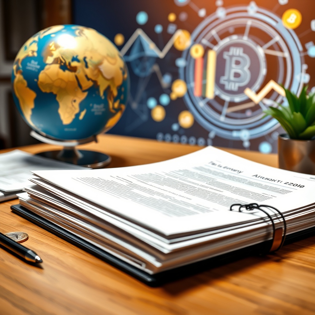 Professional stock photo of international documents and tax treaties on a desk, globe with Germany highlighted, cryptocurrency coins and blockchain visualization in background