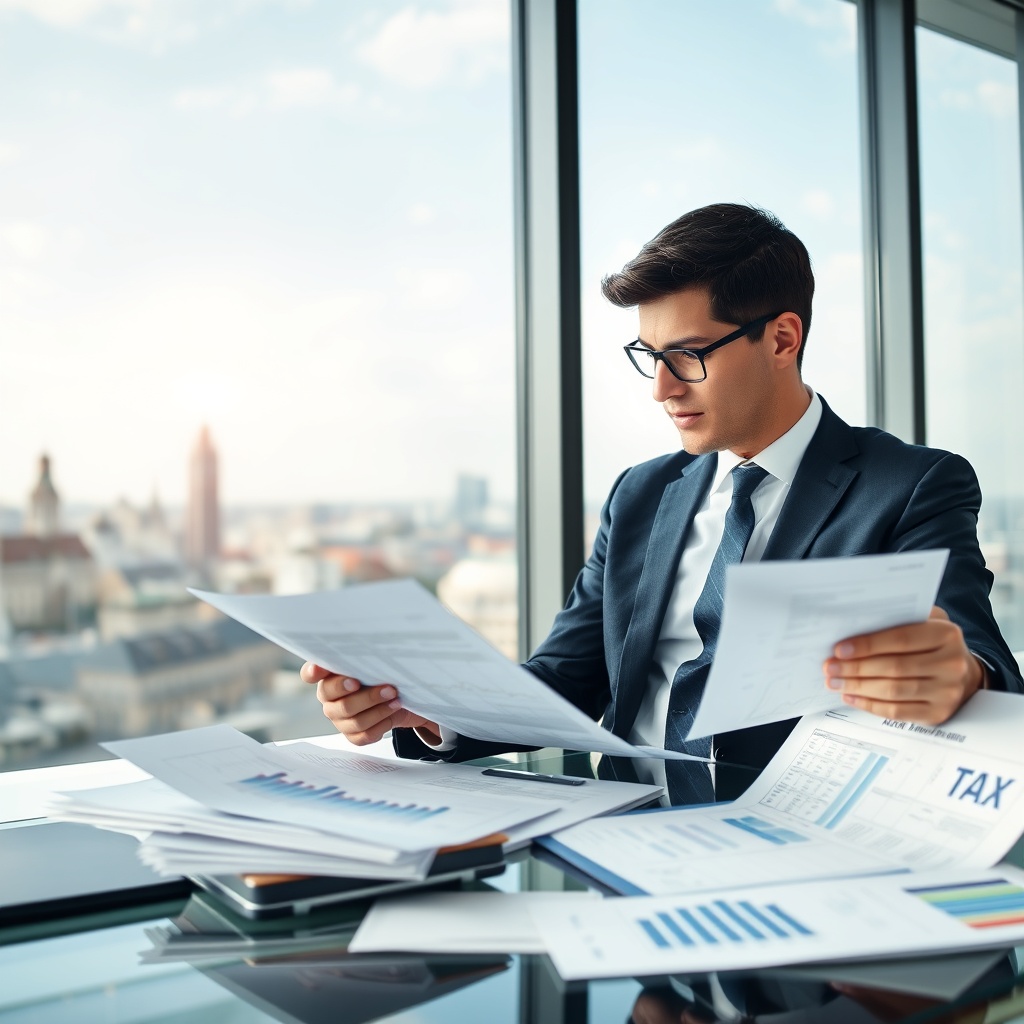 Professional business executive reviewing tax documents and financial reports in a modern office setting with German city skyline visible through window