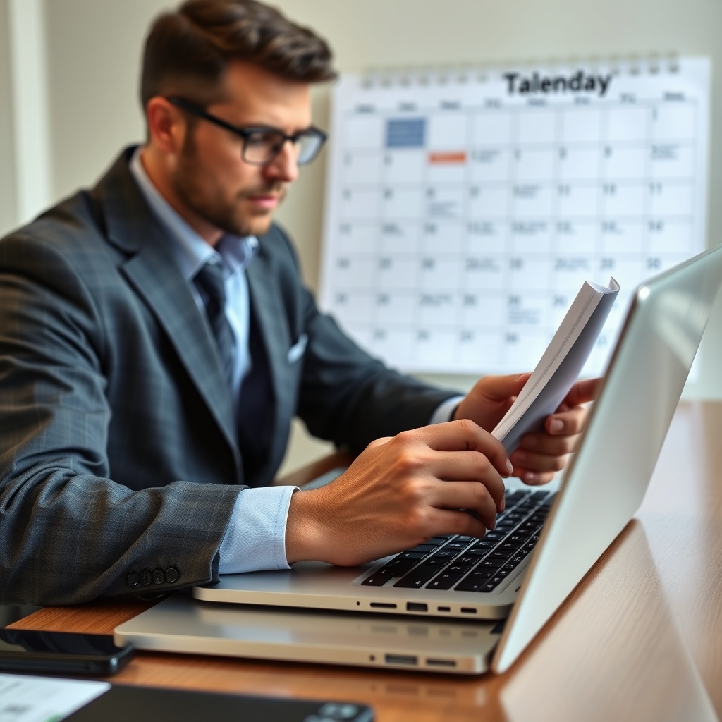 Business person filing tax documents electronically on laptop with calendar showing deadlines in background
