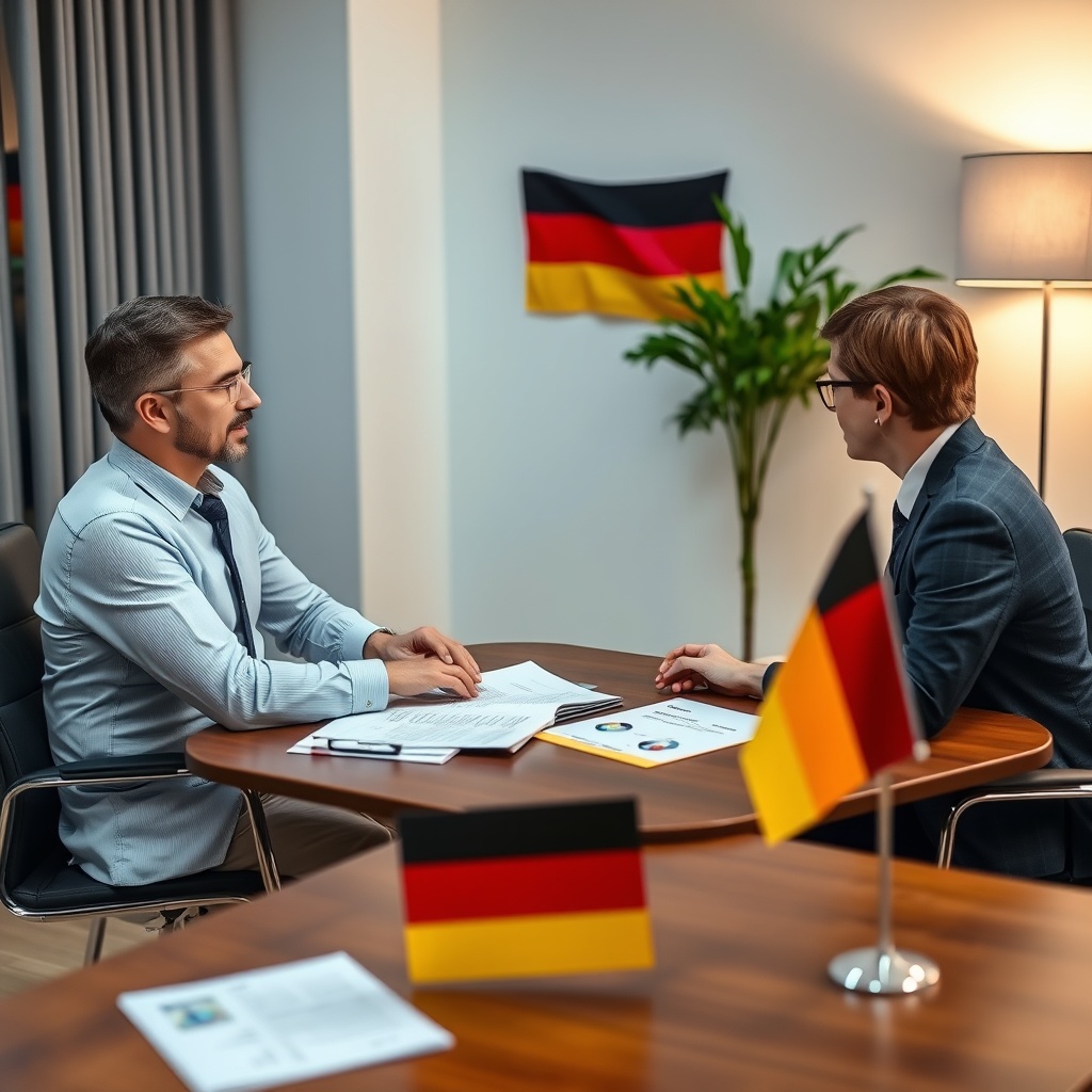 Tax advisor explaining compliance requirements to international client with German flag and tax documents on table